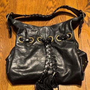Kooba Black Leather Hobo Bag with Braided Accents